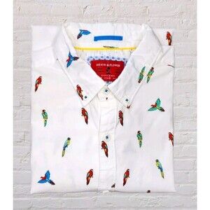 Denim & Flower Men MED White Parrot Bird Short Sleeve Button Front Cotton Shirt